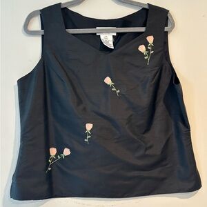 Rena Rowan 100% Silk Black Top with Pink Floral Accents